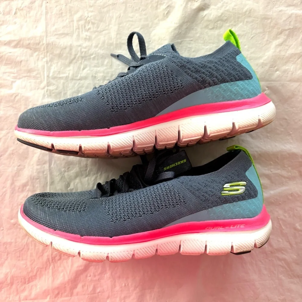 Skechers Flex Appeal 2.0 Stretch Knit Slip-On Sneakers blue pink SZ 6.5 Worn 1X